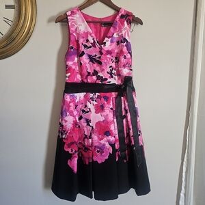 Chetta B Pink Black Floral KneeLength Pleated Midi Dress Y2K Barbiecore Size 10